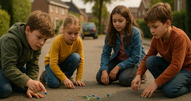 Nostalgisch straatbeeld: Kinderen die op straat knikkeren.