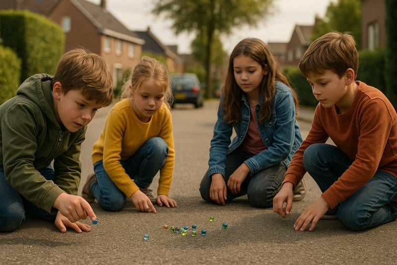 Nostalgisch straatbeeld: Kinderen die op straat knikkeren.